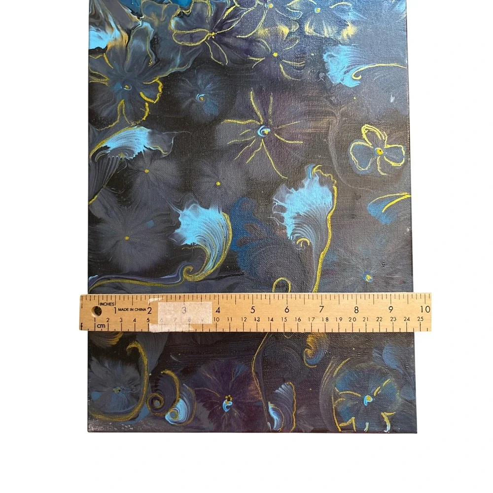Abstract Floral Fluid Painting 10x20 Blue Gold Excellent Acrylic Pour Mixd media